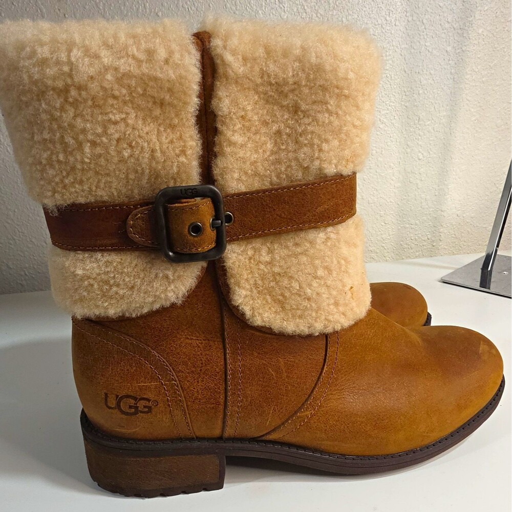 UGG Women’s Brown Leather Shearling Lined Mid-Calf Zip Round Toe Boots 8